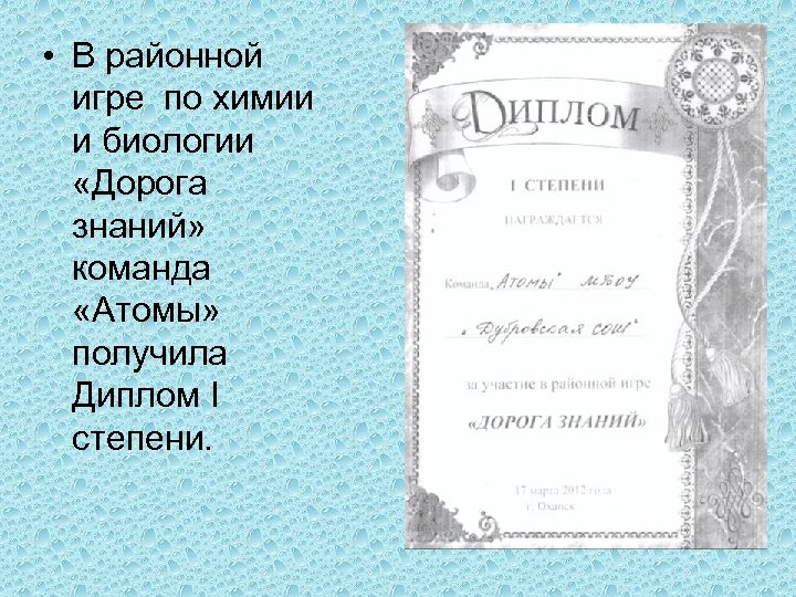  • В районной игре по химии и биологии «Дорога знаний» команда «Атомы» получила