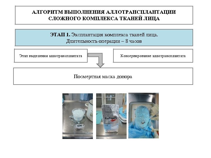 АЛГОРИТМ ВЫПОЛНЕНИЯ АЛЛОТРАНСПЛАНТАЦИИ СЛОЖНОГО КОМПЛЕКСА ТКАНЕЙ ЛИЦА ЭТАП 1. Эксплантация комплекса тканей лица. Длительность
