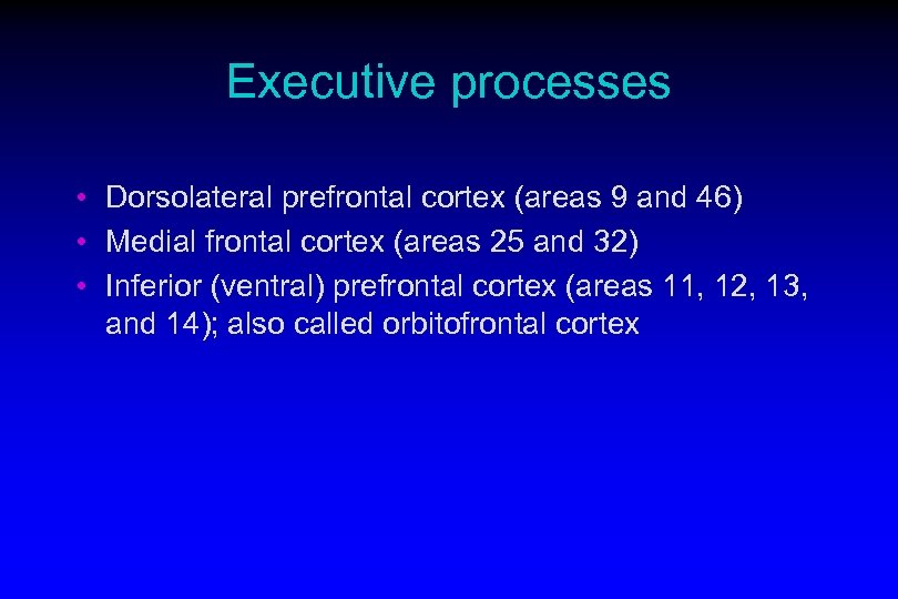 Executive processes • Dorsolateral prefrontal cortex (areas 9 and 46) • Medial frontal cortex