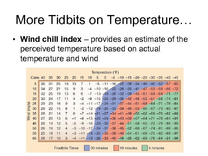 More Tidbits on Temperature… • Wind chill index – provides an estimate of the