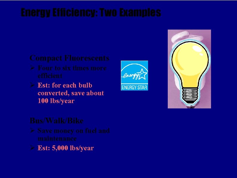 Energy Efficiency: Two Examples Compact Fluorescents Ø Four to six times more efficient Ø