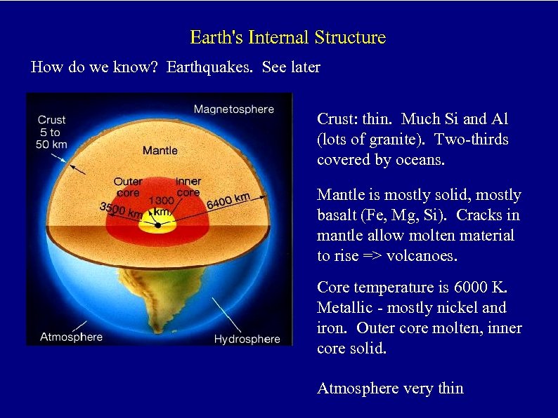 Earth's Internal Structure How do we know? Earthquakes. See later Crust: thin. Much Si