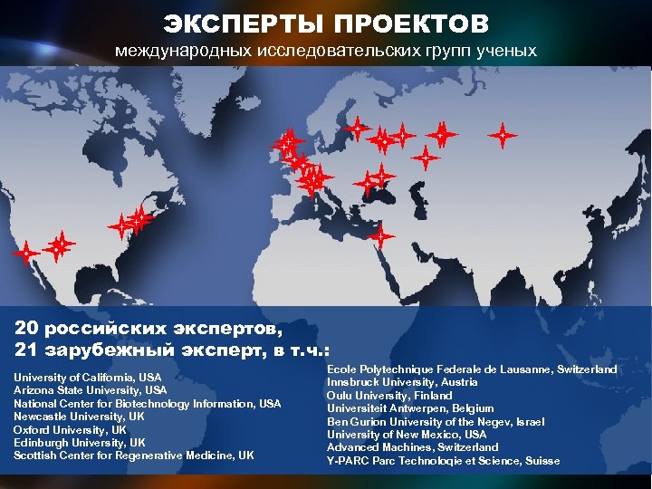 ЭКСПЕРТЫ ПРОЕКТОВ международных исследовательских групп ученых 20 российских экспертов, 21 зарубежный эксперт, в т.