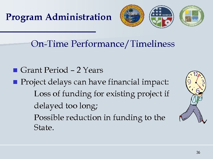 Program Administration On-Time Performance/Timeliness Grant Period – 2 Years n Project delays can have