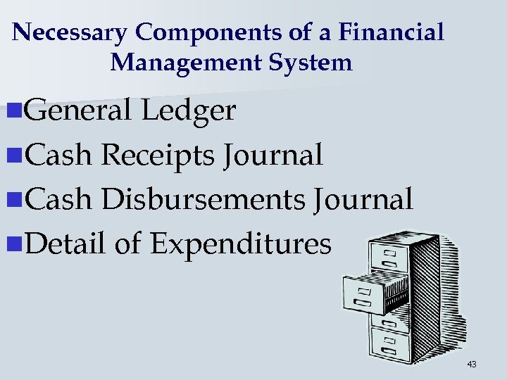 Necessary Components of a Financial Management System n. General Ledger n. Cash Receipts Journal