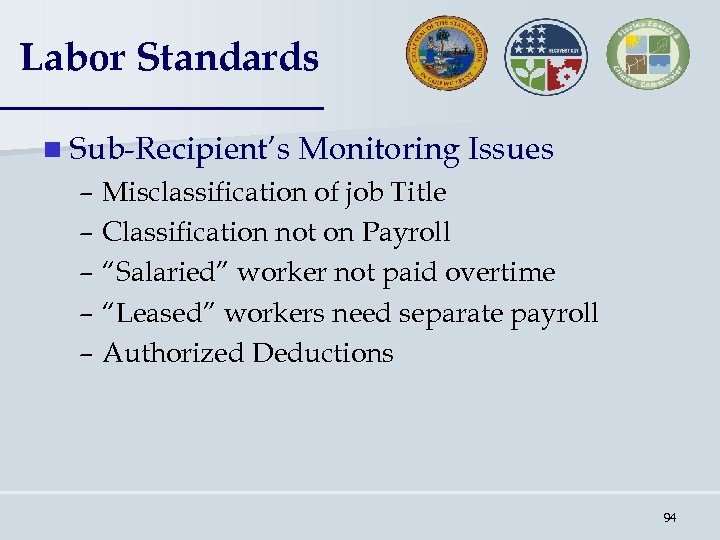 Labor Standards n Sub-Recipient’s Monitoring Issues – Misclassification of job Title – Classification not