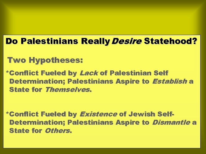 Do Palestinians Really Desire Statehood? Two Hypotheses: *Conflict Fueled by Lack of Palestinian Self