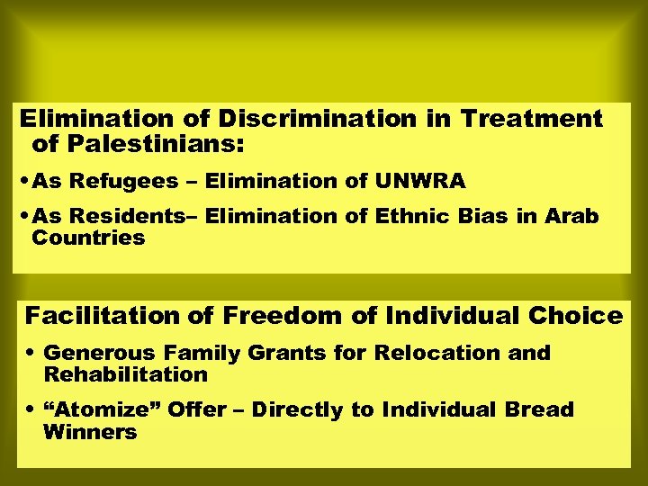 Elimination of Discrimination in Treatment of Palestinians: • As Refugees – Elimination of UNWRA