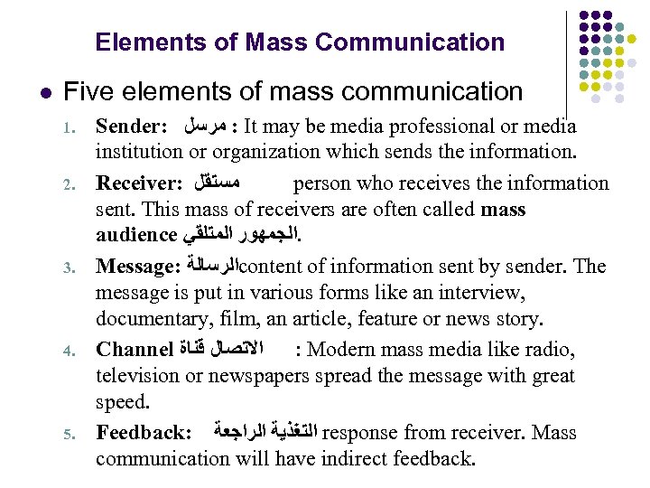 Elements of Mass Communication l Five elements of mass communication 1. 2. 3. 4.
