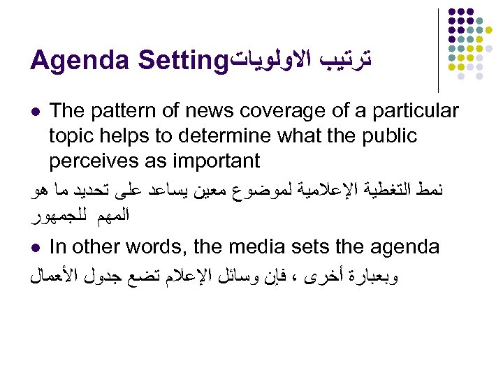 Agenda Setting ﺗﺮﺗﻴﺐ ﺍﻻﻭﻟﻮﻳﺎﺕ The pattern of news coverage of a particular topic helps