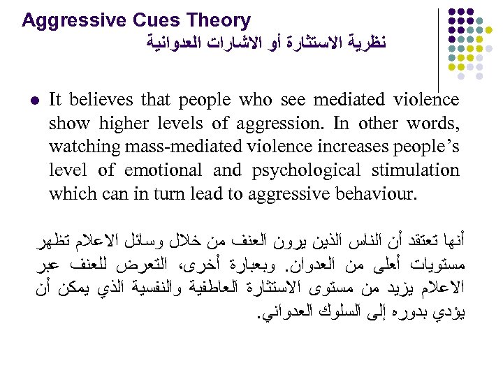 Aggressive Cues Theory ﻧﻈﺮﻳﺔ ﺍﻻﺳﺘﺜﺎﺭﺓ ﺃﻮ ﺍﻻﺷﺎﺭﺍﺕ ﺍﻟﻌﺪﻭﺍﻧﻴﺔ l It believes that people who