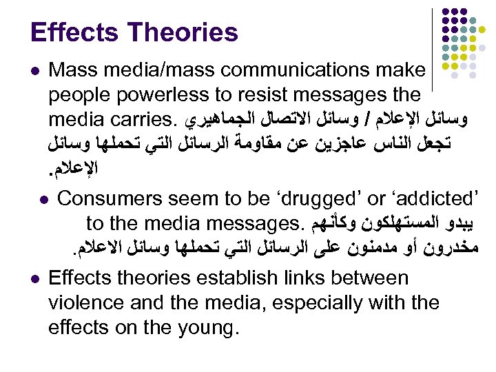 Effects Theories Mass media/mass communications make people powerless to resist messages the media carries.