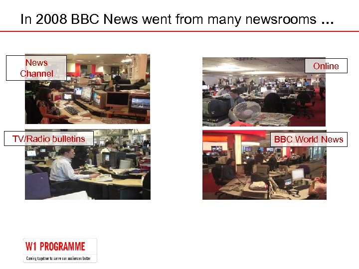 In 2008 BBC News went from many newsrooms … News Channel TV/Radio bulletins Online