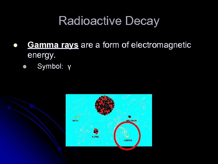 Radioactive Decay Gamma rays are a form of electromagnetic energy. l l Symbol: γ
