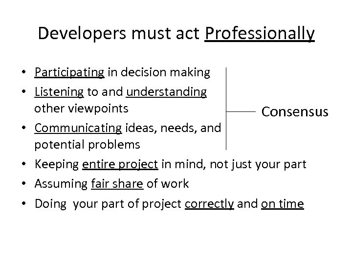 Developers must act Professionally • Participating in decision making • Listening to and understanding