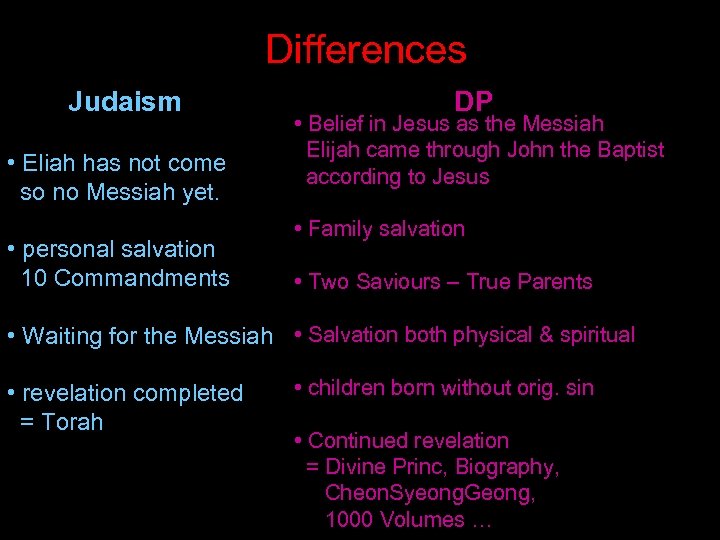 Differences Judaism DP • Eliah has not come so no Messiah yet. • personal