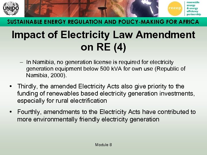 SUSTAINABLE ENERGY REGULATION AND POLICY-MAKING FOR AFRICA Impact of Electricity Law Amendment on RE