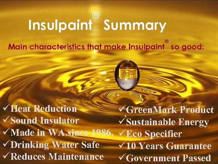 ® Insulpaint Summary ® Main characteristics that make Insulpaint so good: üHeat Reduction üSound