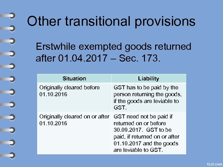 Other transitional provisions Erstwhile exempted goods returned after 01. 04. 2017 – Sec. 173.