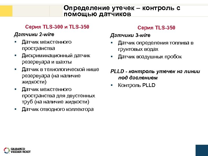 Определение утечек – контроль с помощью датчиков Серия TLS-300 и TLS-350 Датчики 2 -wire