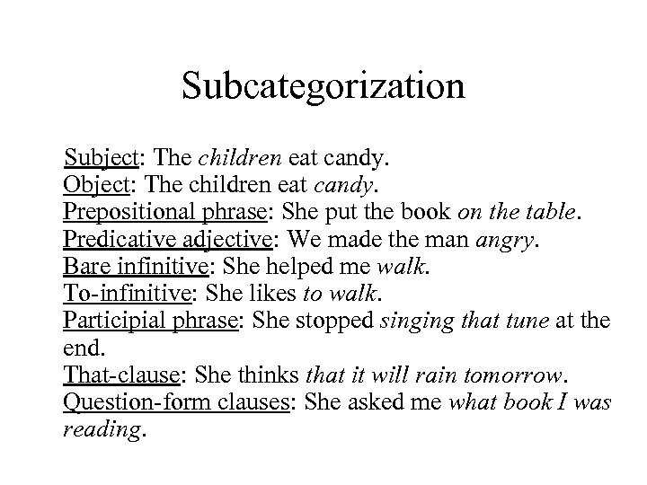 Subcategorization Subject: The children eat candy. Object: The children eat candy. Prepositional phrase: She