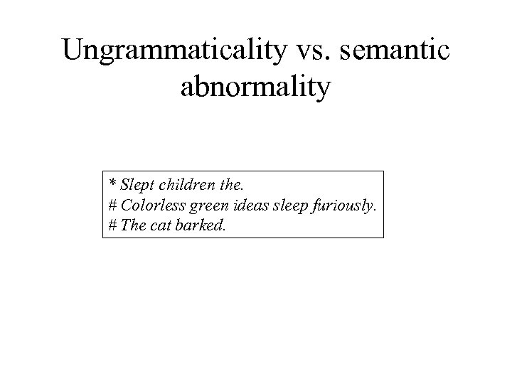 Ungrammaticality vs. semantic abnormality * Slept children the. # Colorless green ideas sleep furiously.