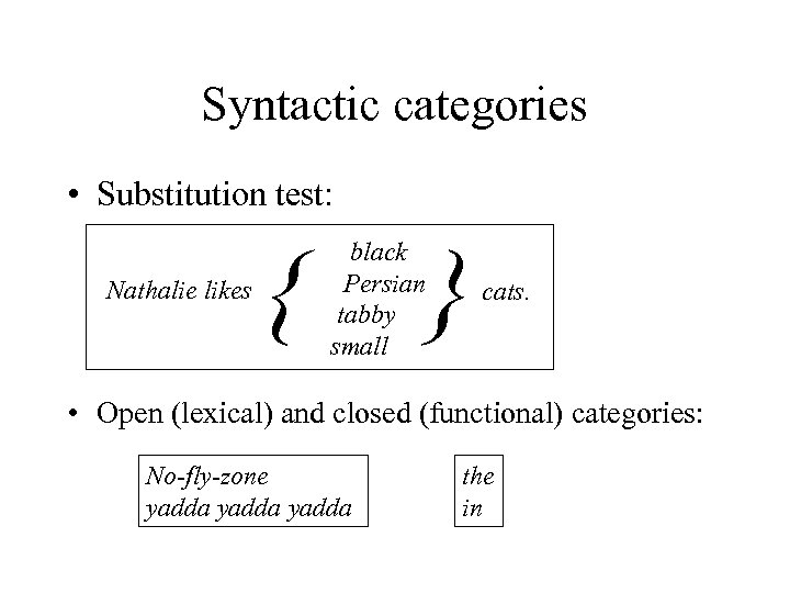 Syntactic categories • Substitution test: Nathalie likes { black Persian tabby small } cats.