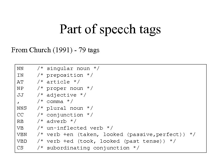 Part of speech tags From Church (1991) - 79 tags NN IN AT NP