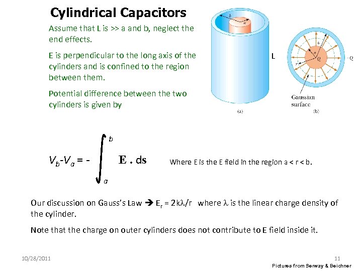 Cylindrical Capacitors Assume that L is >> a and b, neglect the end effects.