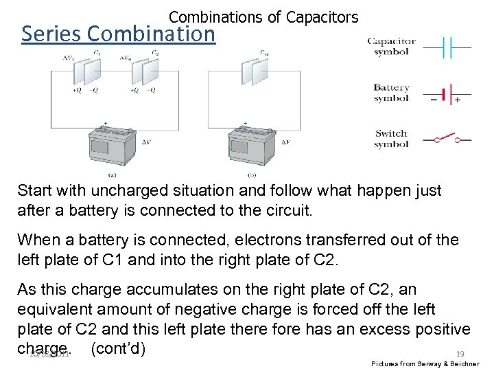 Combinations of Capacitors Series Combination Start with uncharged situation and follow what happen just