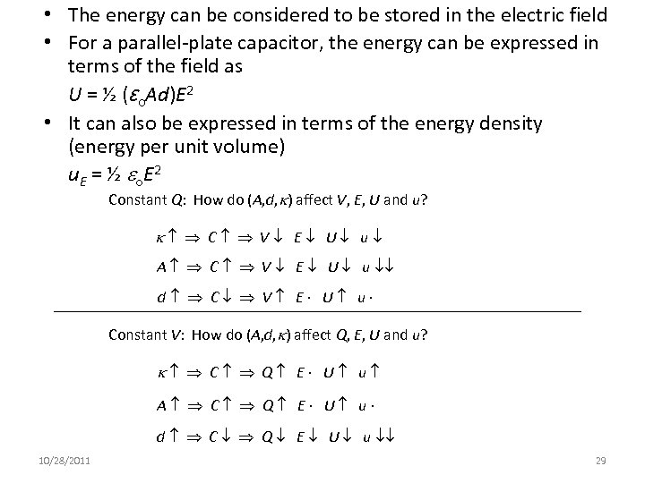  • The energy can be considered to be stored in the electric field