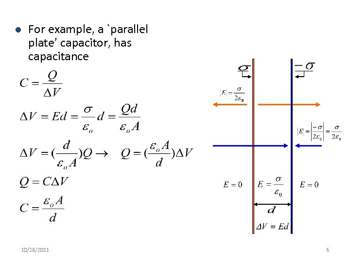 l For example, a `parallel plate’ capacitor, has capacitance 10/28/2011 6 