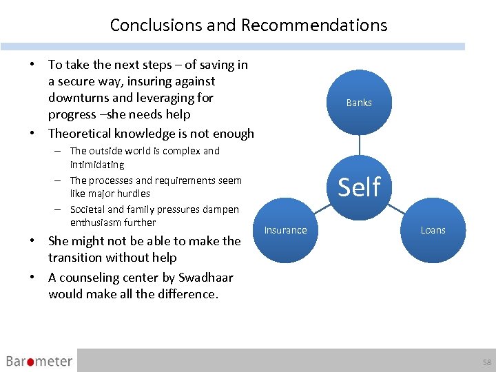 Conclusions and Recommendations • To take the next steps – of saving in a