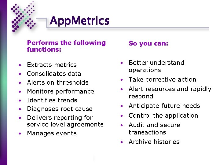 App. Metrics Performs the following functions: Extracts metrics Consolidates data Alerts on thresholds Monitors