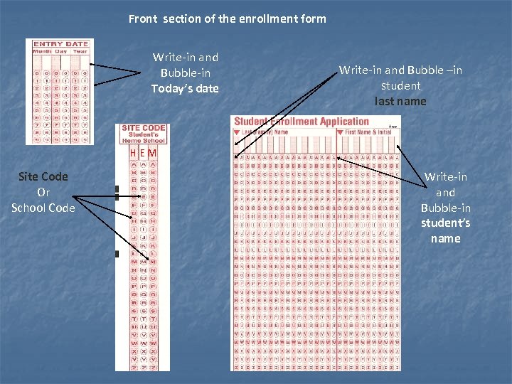 Front section of the enrollment form Write-in and Bubble-in Today’s date Write-in and Bubble