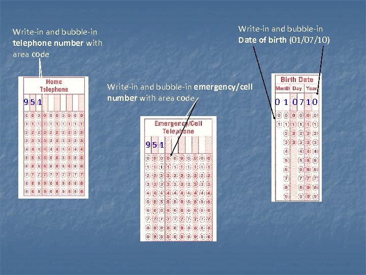 Write-in and bubble-in Date of birth (01/07/10) Write-in and bubble-in telephone number with area