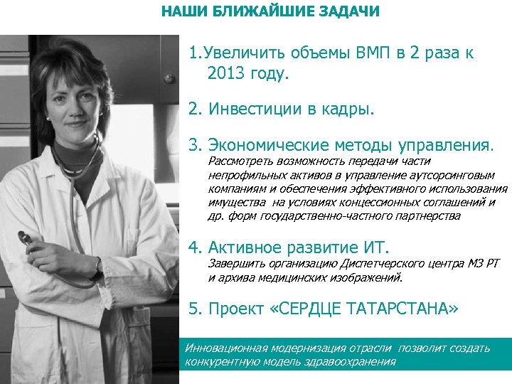 НАШИ БЛИЖАЙШИЕ ЗАДАЧИ 1. Увеличить объемы ВМП в 2 раза к 2013 году. 2.