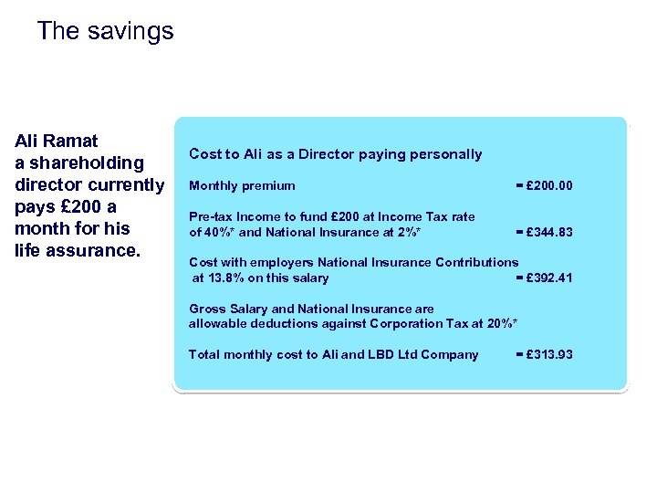 The savings Ali Ramat a shareholding director currently pays £ 200 a month for