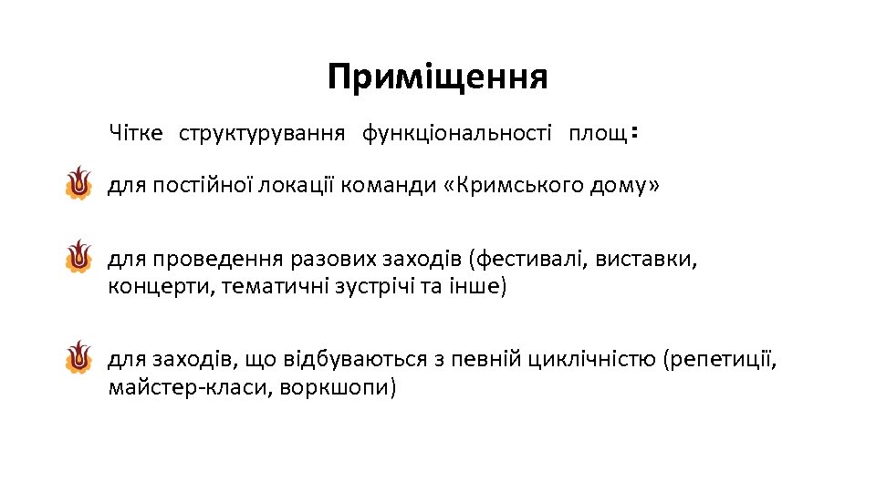 Приміщення Чітке структурування функціональності площ: для постійної локації команди «Кримського дому» для проведення разових