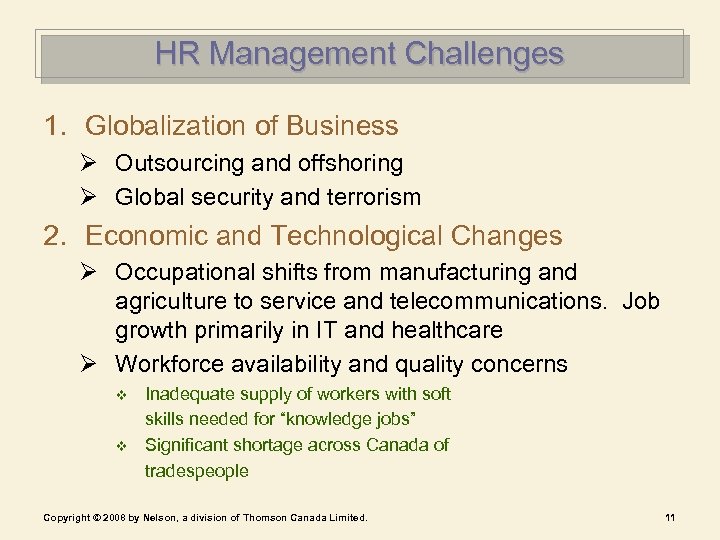 HR Management Challenges 1. Globalization of Business Ø Outsourcing and offshoring Ø Global security