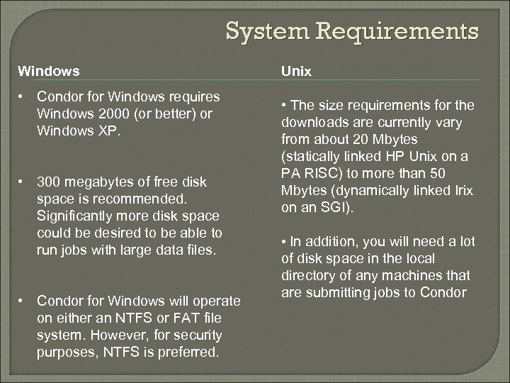 System Requirements Windows • Condor for Windows requires Windows 2000 (or better) or Windows