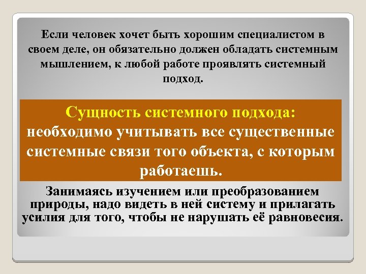 Если человек хочет быть хорошим специалистом в своем деле, он обязательно должен обладать системным