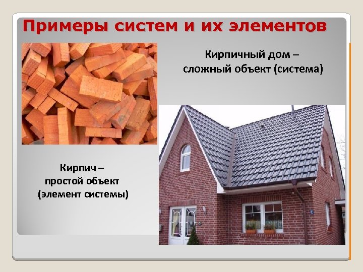 Примеры систем и их элементов Кирпичный дом – сложный объект (система) Кирпич – простой