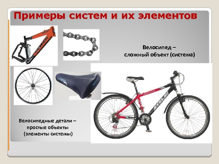 Примеры систем и их элементов Велосипед – сложный объект (система) Велосипедные детали – простые