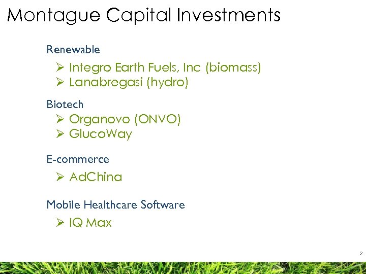 Montague Capital Investments Renewable Ø Integro Earth Fuels, Inc (biomass) Ø Lanabregasi (hydro) Biotech