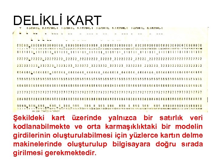 DELİKLİ KART Şekildeki kart üzerinde yalnızca bir satırlık veri kodlanabilmekte ve orta karmaşıklıktaki bir
