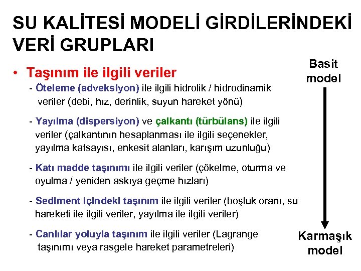 SU KALİTESİ MODELİ GİRDİLERİNDEKİ VERİ GRUPLARI Basit model • Taşınım ile ilgili veriler -