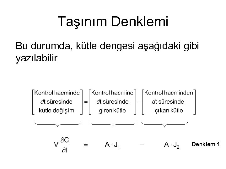 Taşınım Denklemi Bu durumda, kütle dengesi aşağıdaki gibi yazılabilir Denklem 1 