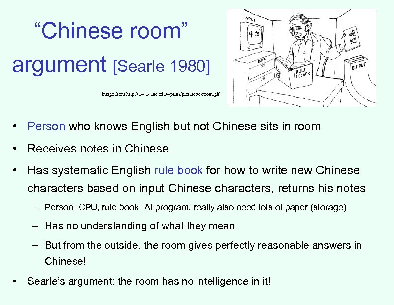 “Chinese room” argument [Searle 1980] image from http: //www. unc. edu/~prinz/pictures/c-room. gif • Person