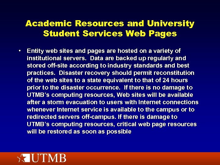 Academic Resources and University Student Services Web Pages • Entity web sites and pages